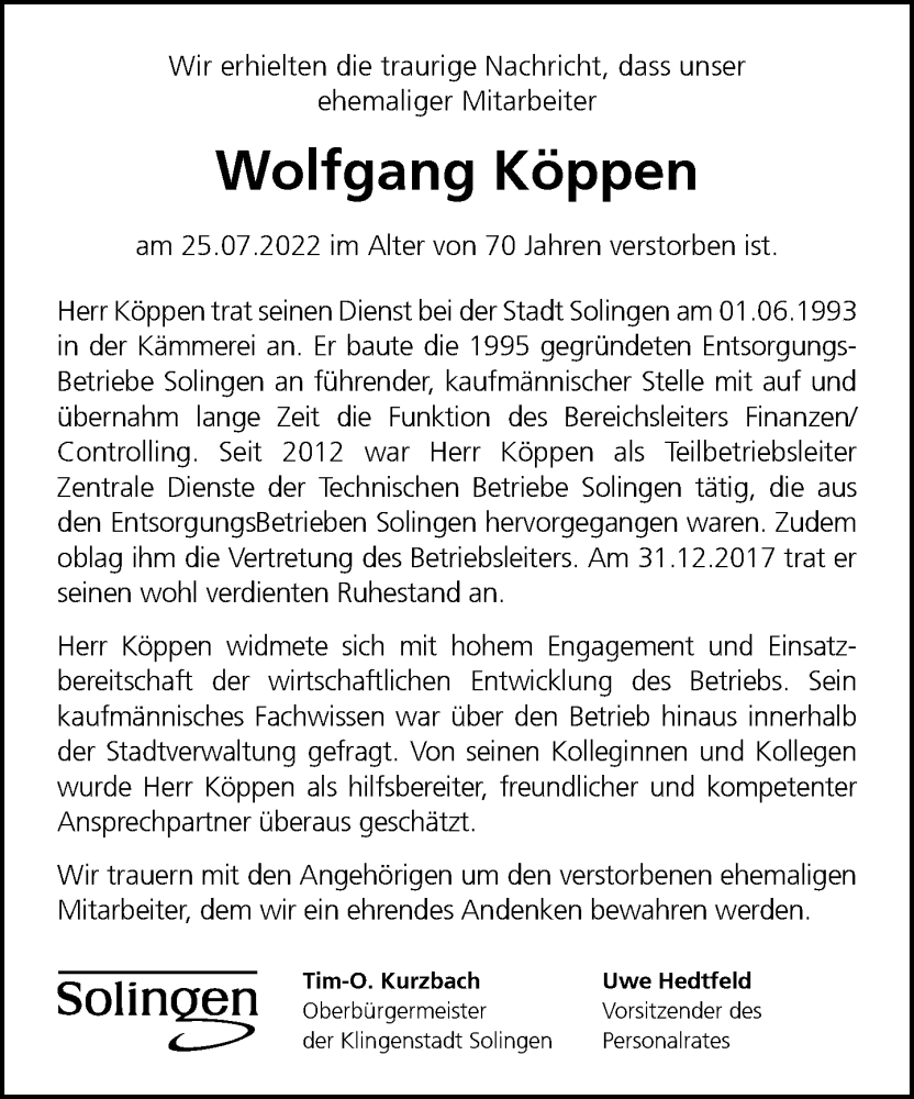  Traueranzeige für Wolfgang Köppen vom 06.08.2022 aus Rheinische Post