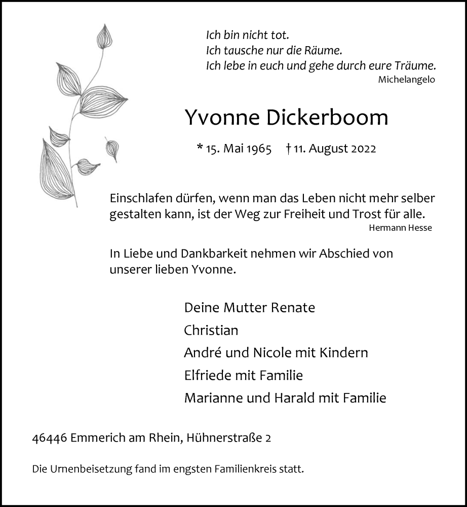  Traueranzeige für Yvonne Dickerboom vom 03.09.2022 aus Rheinische Post