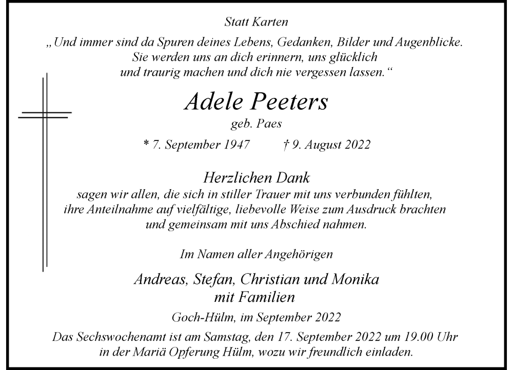 Traueranzeige für Adele Peeters vom 10.09.2022 aus Rheinische Post