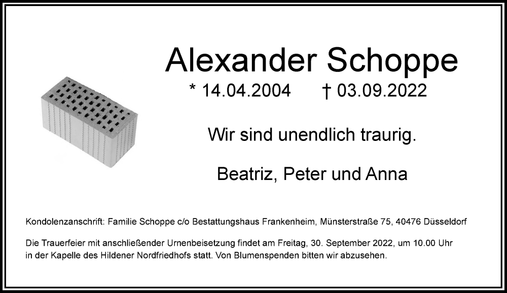  Traueranzeige für Alexander Schoppe vom 24.09.2022 aus Rheinische Post