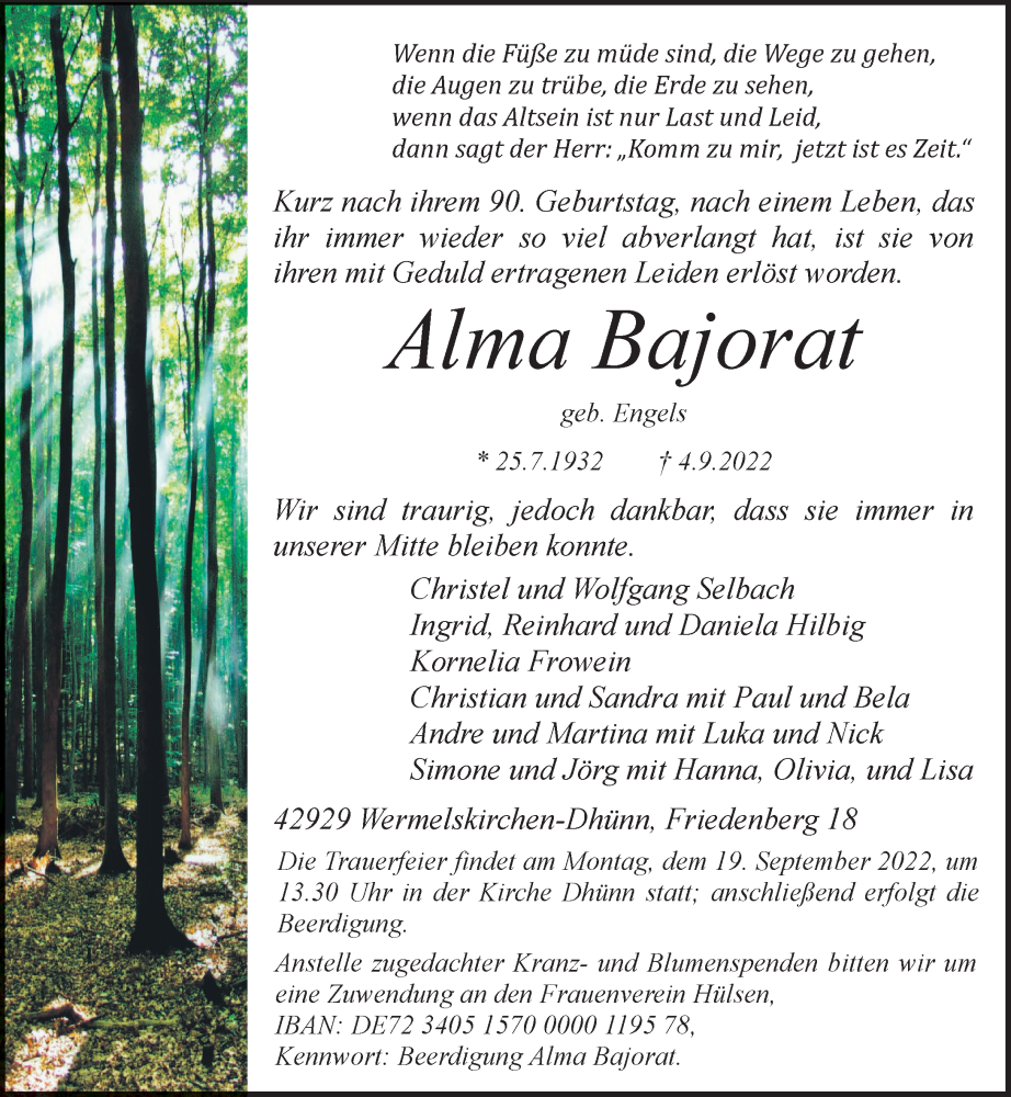  Traueranzeige für Alma Bajorat vom 14.09.2022 aus Rheinische Post