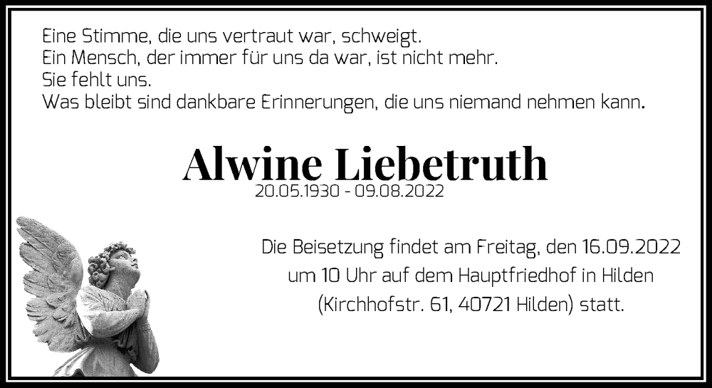  Traueranzeige für Alwine Liebetruth vom 02.09.2022 aus Rheinische Post
