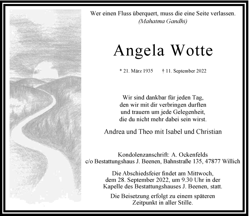  Traueranzeige für Angela Wotte vom 24.09.2022 aus Rheinische Post