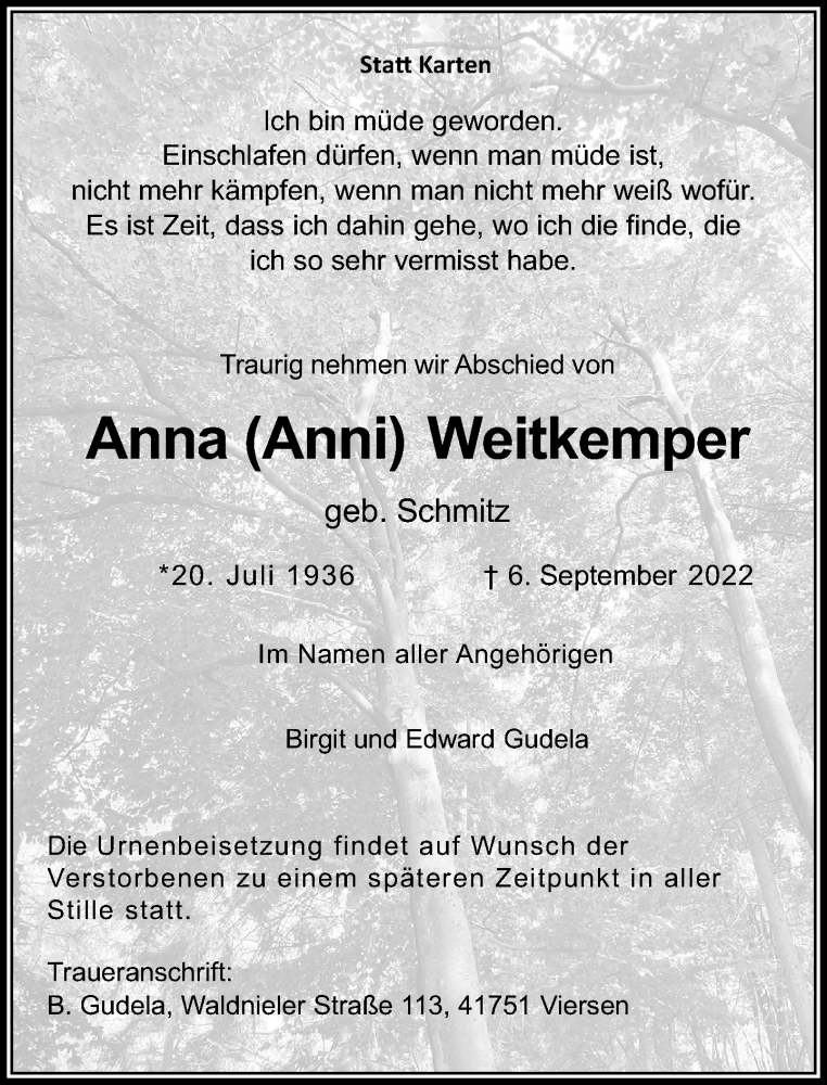  Traueranzeige für Anna Weitkemper vom 17.09.2022 aus Rheinische Post