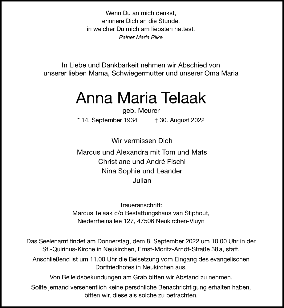  Traueranzeige für Anna Maria Telaak vom 03.09.2022 aus Rheinische Post