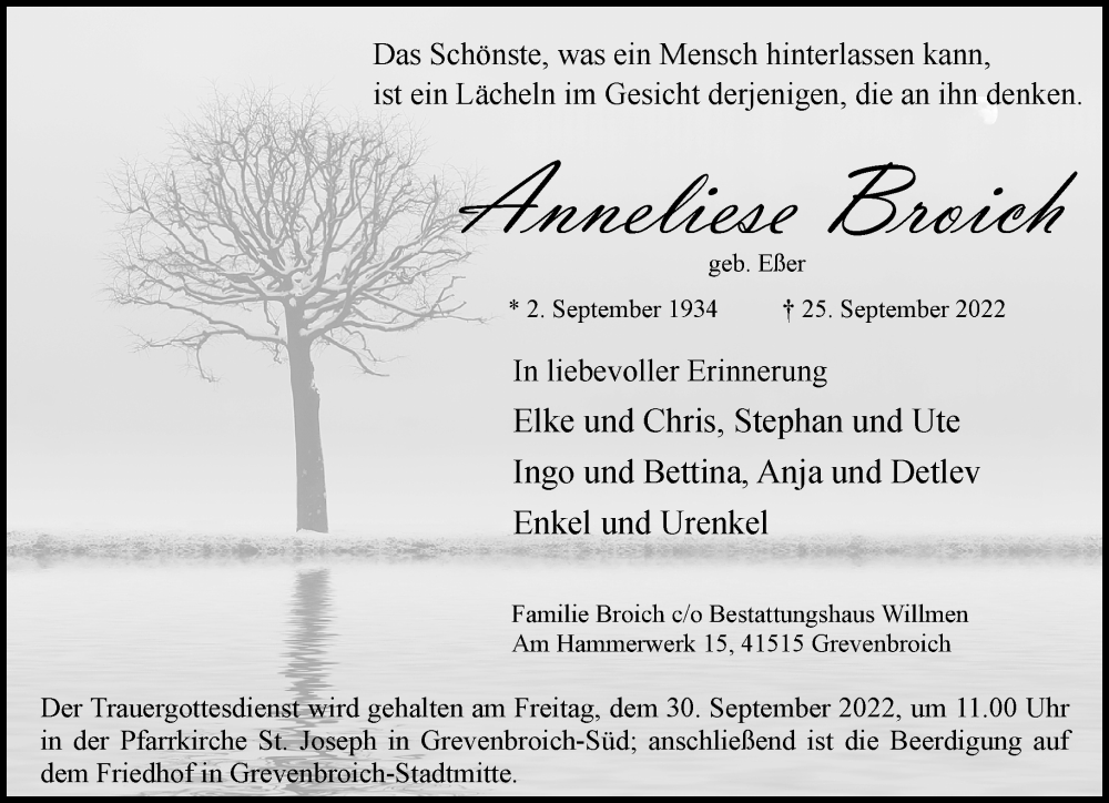  Traueranzeige für Anneliese Broich vom 28.09.2022 aus Rheinische Post