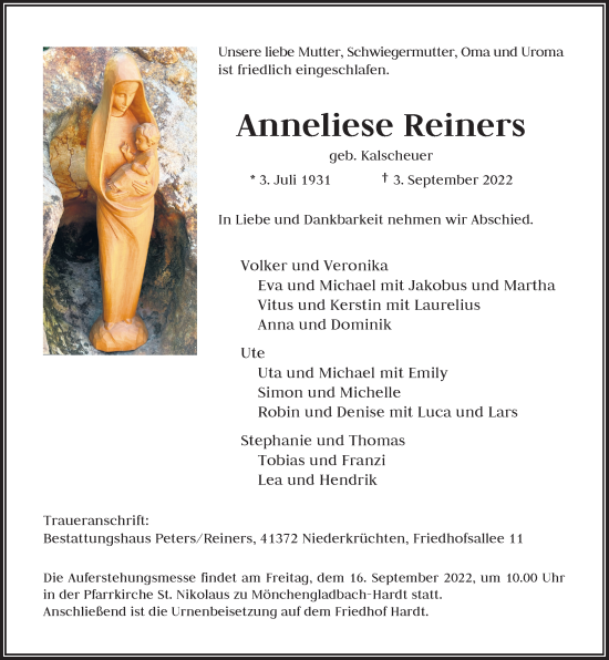 Traueranzeige von Anneliese Reiners von Rheinische Post