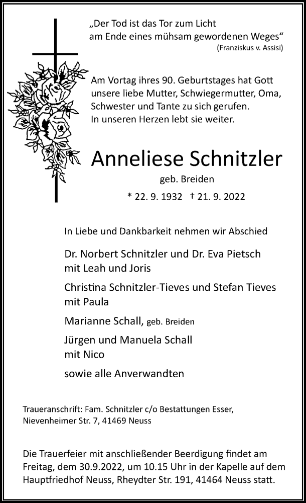  Traueranzeige für Anneliese Schnitzler vom 24.09.2022 aus Rheinische Post