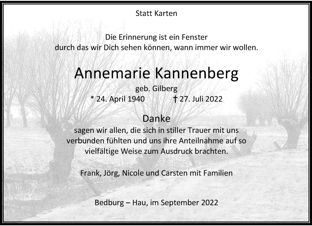  Traueranzeige für Annemarie Kannenberg vom 17.09.2022 aus Rheinische Post