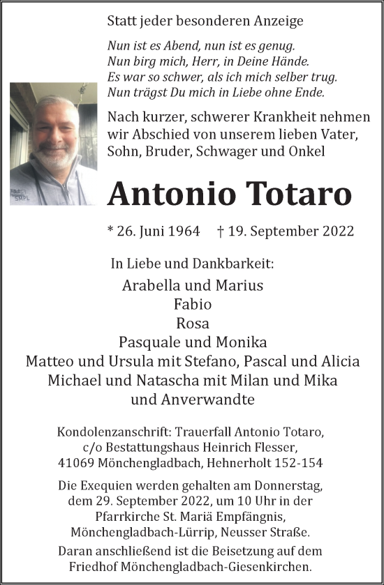 Traueranzeige von Antonio Totaro von Rheinische Post