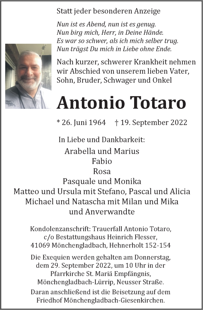  Traueranzeige für Antonio Totaro vom 27.09.2022 aus Rheinische Post
