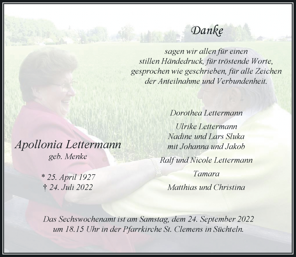  Traueranzeige für Apollonia Lettermann vom 17.09.2022 aus Rheinische Post
