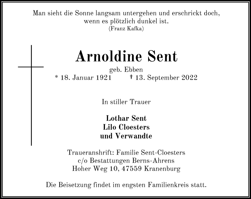  Traueranzeige für Arnoldine Sent vom 17.09.2022 aus Rheinische Post
