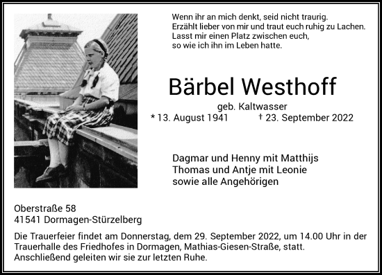 Traueranzeige von Bärbel Westhoff von Rheinische Post