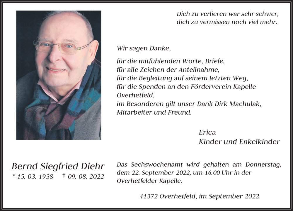  Traueranzeige für Bernd Siegfried Diehr vom 17.09.2022 aus Rheinische Post