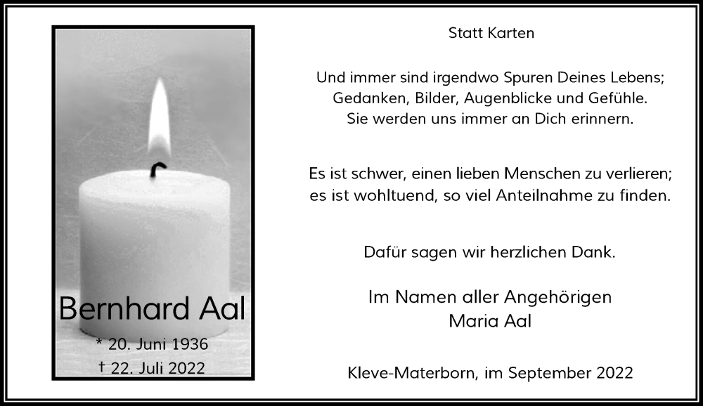  Traueranzeige für Bernhard Aal vom 03.09.2022 aus Rheinische Post