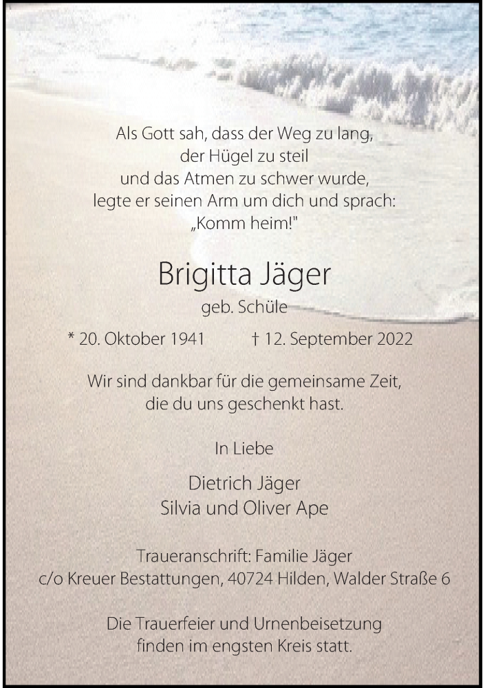  Traueranzeige für Brigitta Jäger vom 17.09.2022 aus Rheinische Post