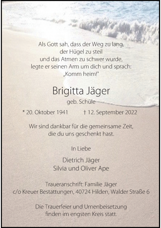 Traueranzeige von Brigitta Jäger von Rheinische Post