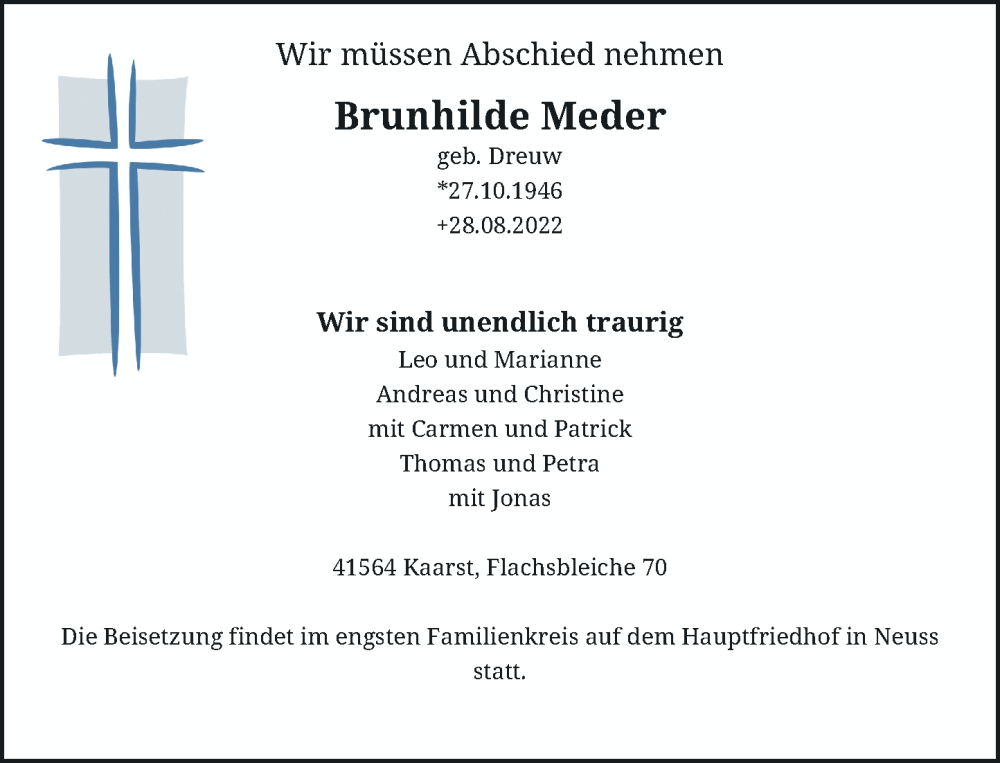  Traueranzeige für Brunhilde Meder vom 10.09.2022 aus Rheinische Post