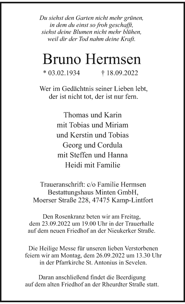  Traueranzeige für Bruno Hermsen vom 21.09.2022 aus Rheinische Post