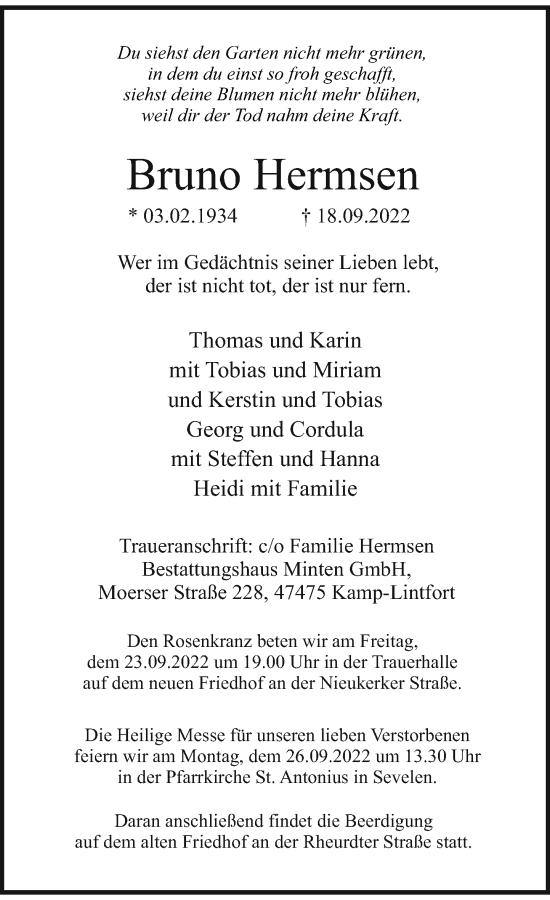 Traueranzeige von Bruno Hermsen von Rheinische Post