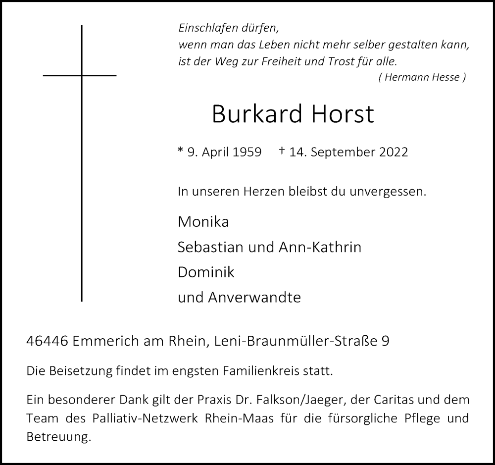  Traueranzeige für Burkard Horst vom 24.09.2022 aus Rheinische Post