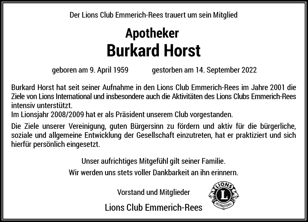  Traueranzeige für Burkard Horst vom 28.09.2022 aus Rheinische Post