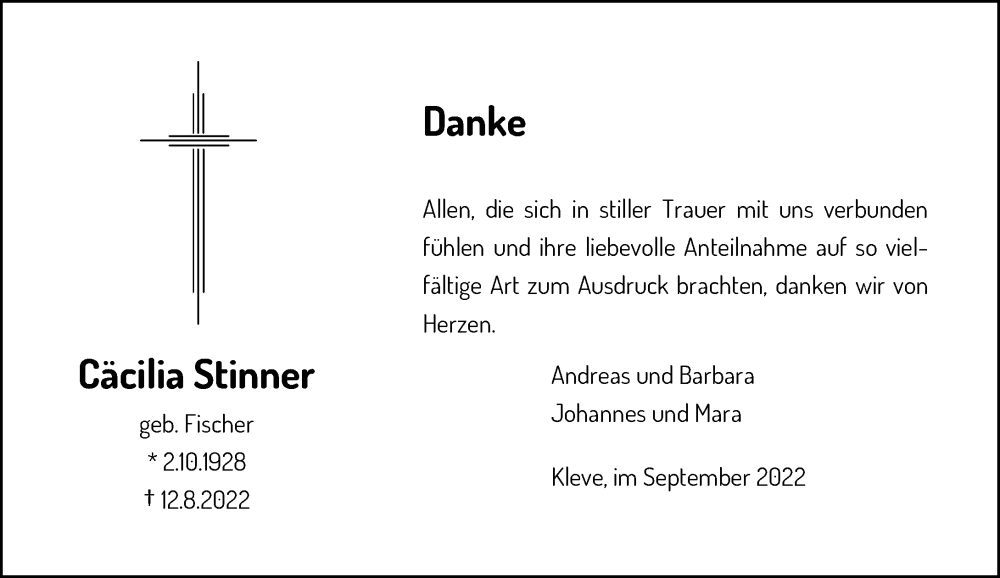  Traueranzeige für Cäcilia Stinner vom 20.09.2022 aus Rheinische Post