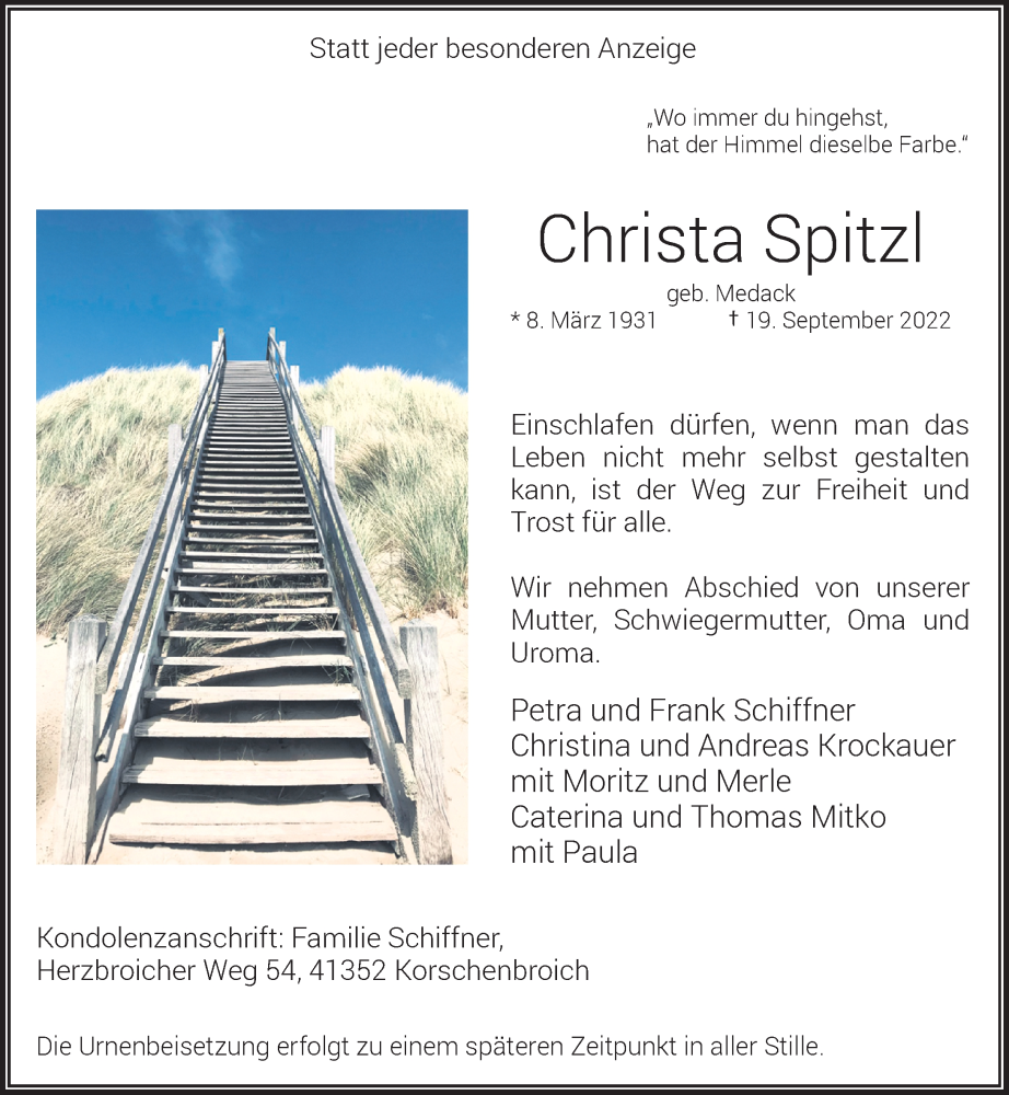  Traueranzeige für Christa Spitzl vom 24.09.2022 aus Rheinische Post