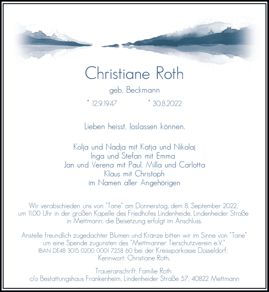  Traueranzeige für Christiane Roth vom 03.09.2022 aus Rheinische Post