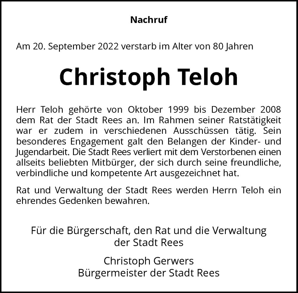  Traueranzeige für Christoph Teloh vom 29.09.2022 aus Rheinische Post