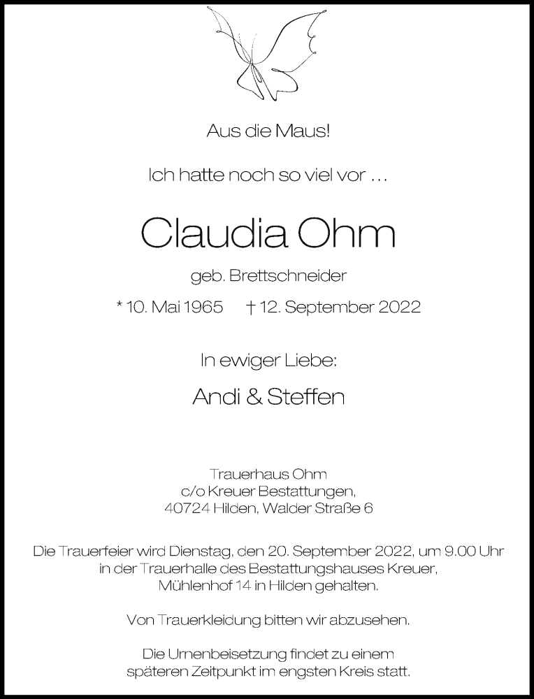  Traueranzeige für Claudia Ohm vom 17.09.2022 aus Rheinische Post