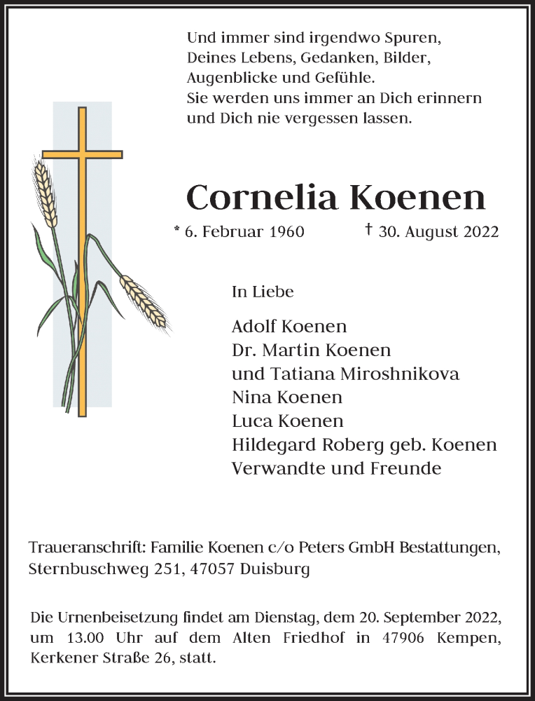  Traueranzeige für Cornelia Koenen vom 14.09.2022 aus Rheinische Post