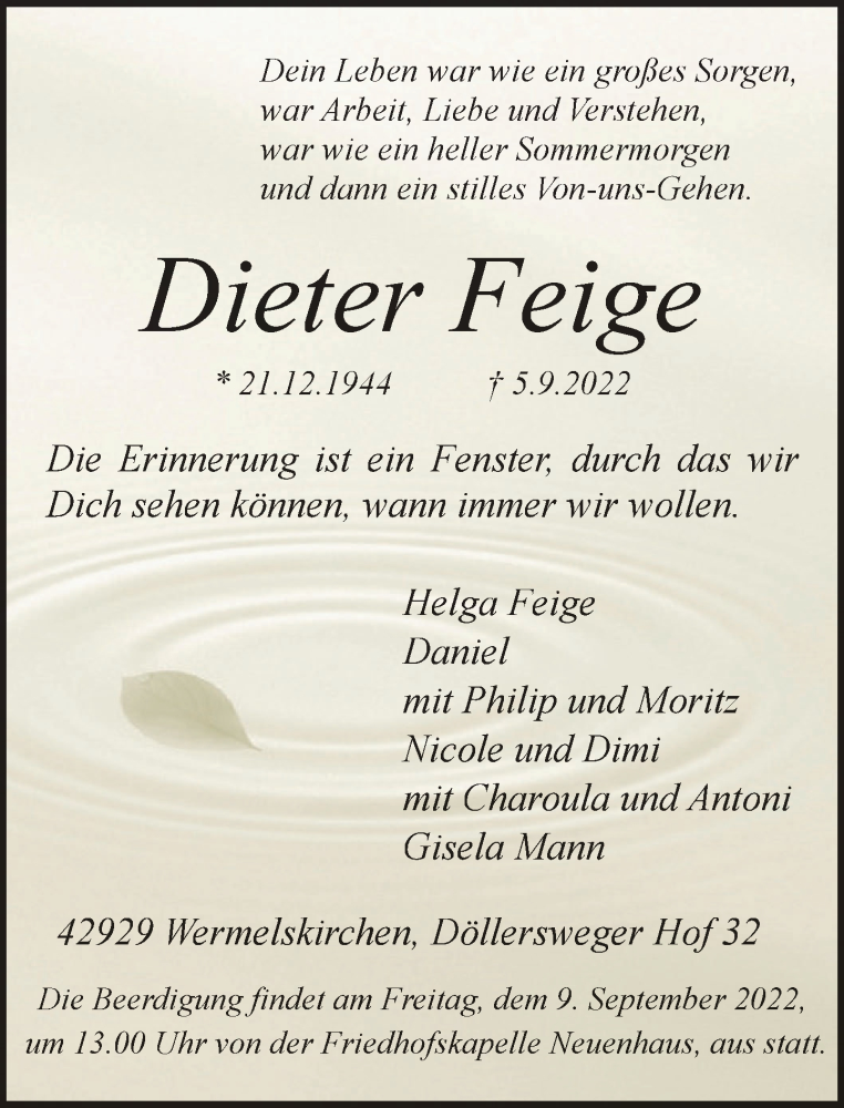  Traueranzeige für Dieter Feige vom 07.09.2022 aus Rheinische Post