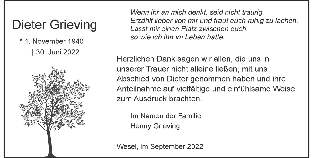 Traueranzeige für Dieter Grieving vom 03.09.2022 aus Rheinische Post