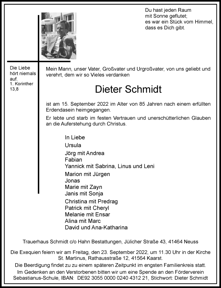  Traueranzeige für Dieter Schmidt vom 21.09.2022 aus Rheinische Post