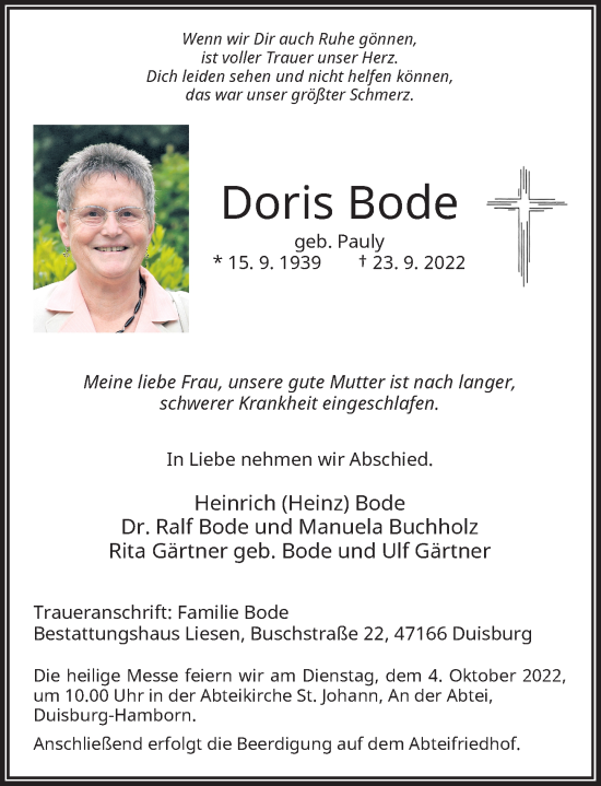 Traueranzeige von Doris Bode von Rheinische Post
