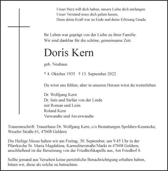 Traueranzeige von Doris Kern von Rheinische Post