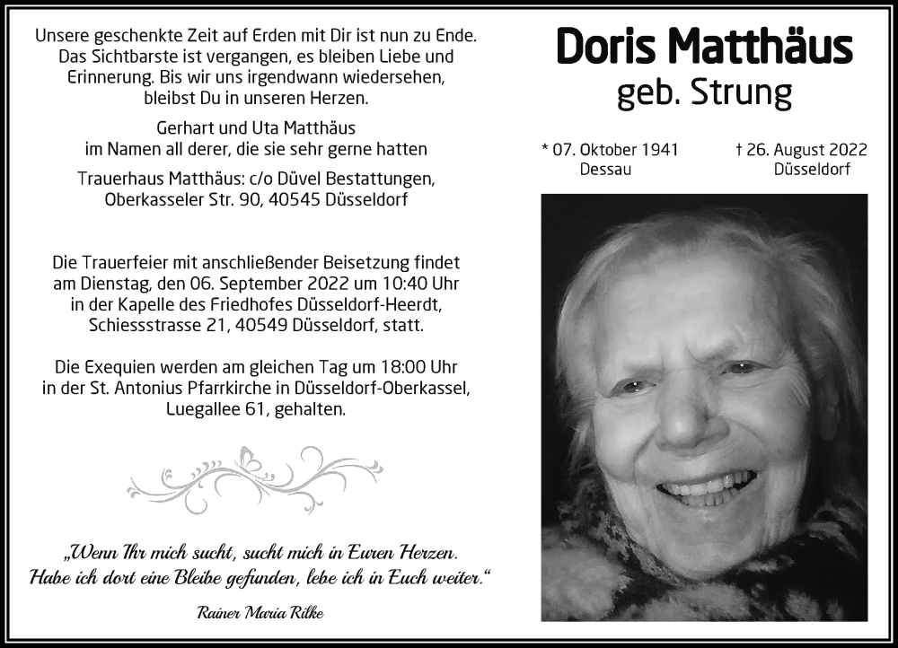  Traueranzeige für Doris Matthäus vom 03.09.2022 aus Rheinische Post