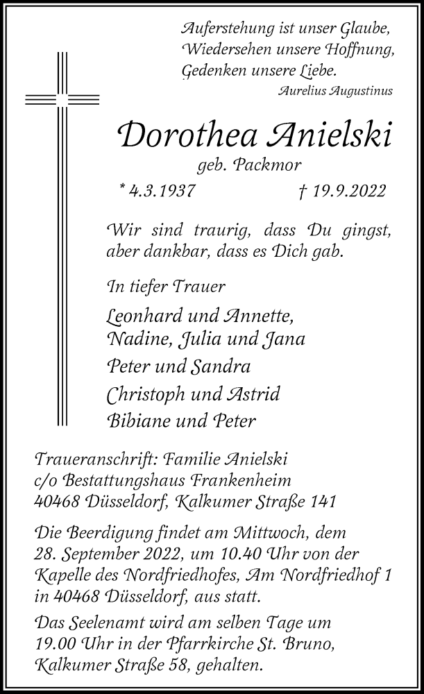  Traueranzeige für Dorothea Anielski vom 24.09.2022 aus Rheinische Post