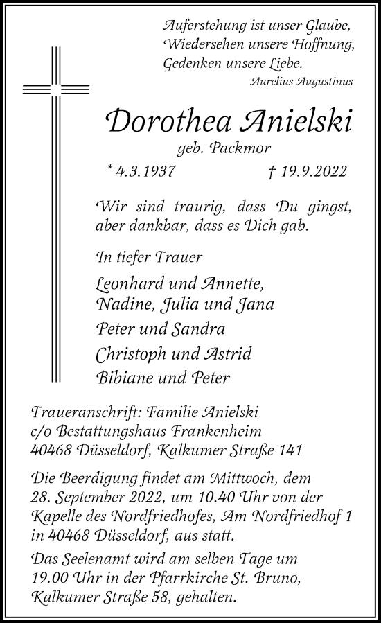 Traueranzeige von Dorothea Anielski von Rheinische Post