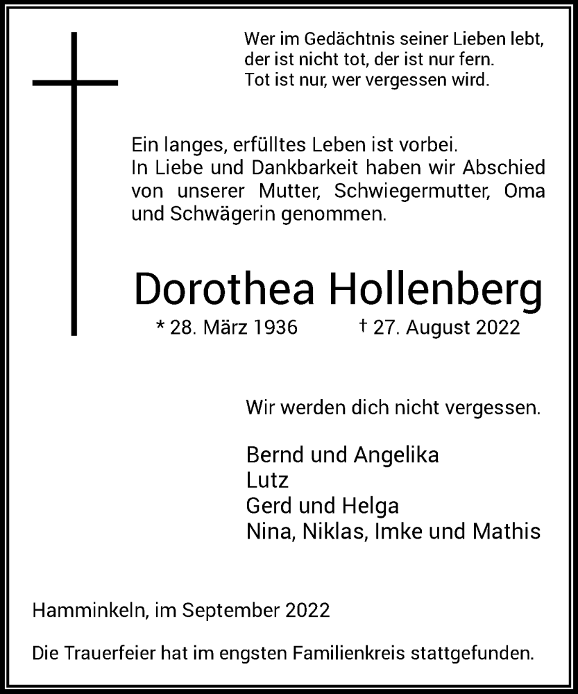  Traueranzeige für Dorothea Hollenberg vom 17.09.2022 aus Rheinische Post