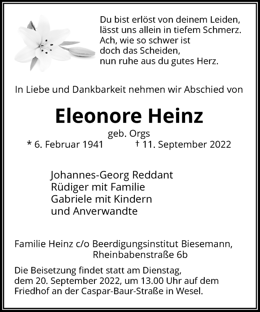  Traueranzeige für Eleonore Heinz vom 17.09.2022 aus Rheinische Post