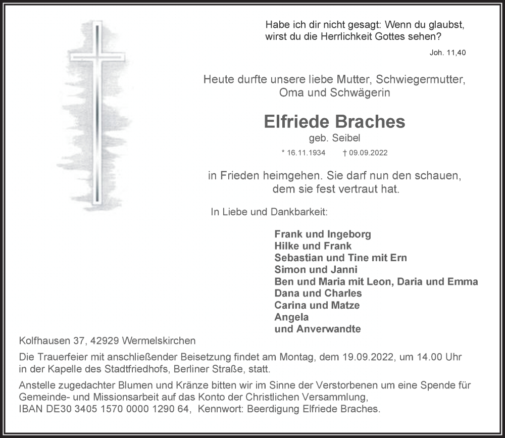  Traueranzeige für Elfriede Braches vom 14.09.2022 aus Rheinische Post