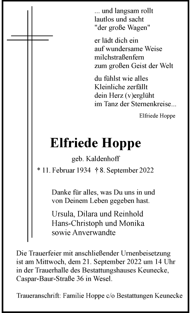  Traueranzeige für Elfriede Hoppe vom 14.09.2022 aus Rheinische Post