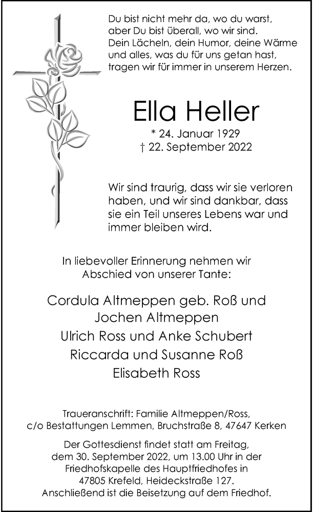  Traueranzeige für Ella Heller vom 28.09.2022 aus Rheinische Post
