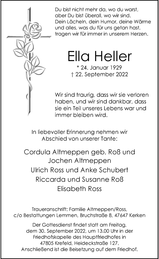 Traueranzeige von Ella Heller von Rheinische Post