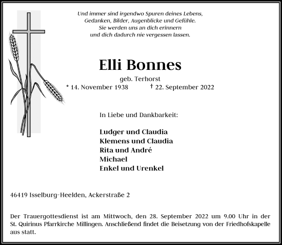 Traueranzeige von Elli Bonnes von Rheinische Post