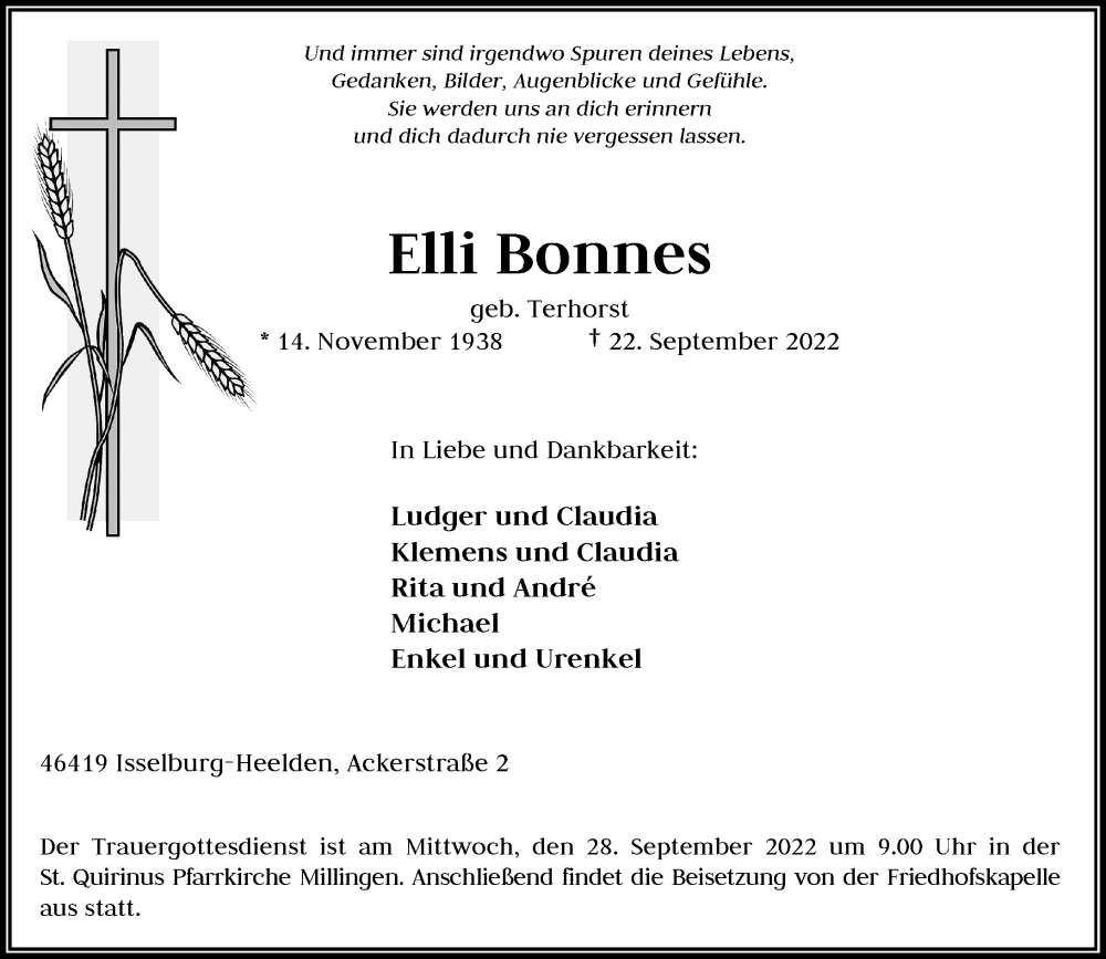  Traueranzeige für Elli Bonnes vom 26.09.2022 aus Rheinische Post