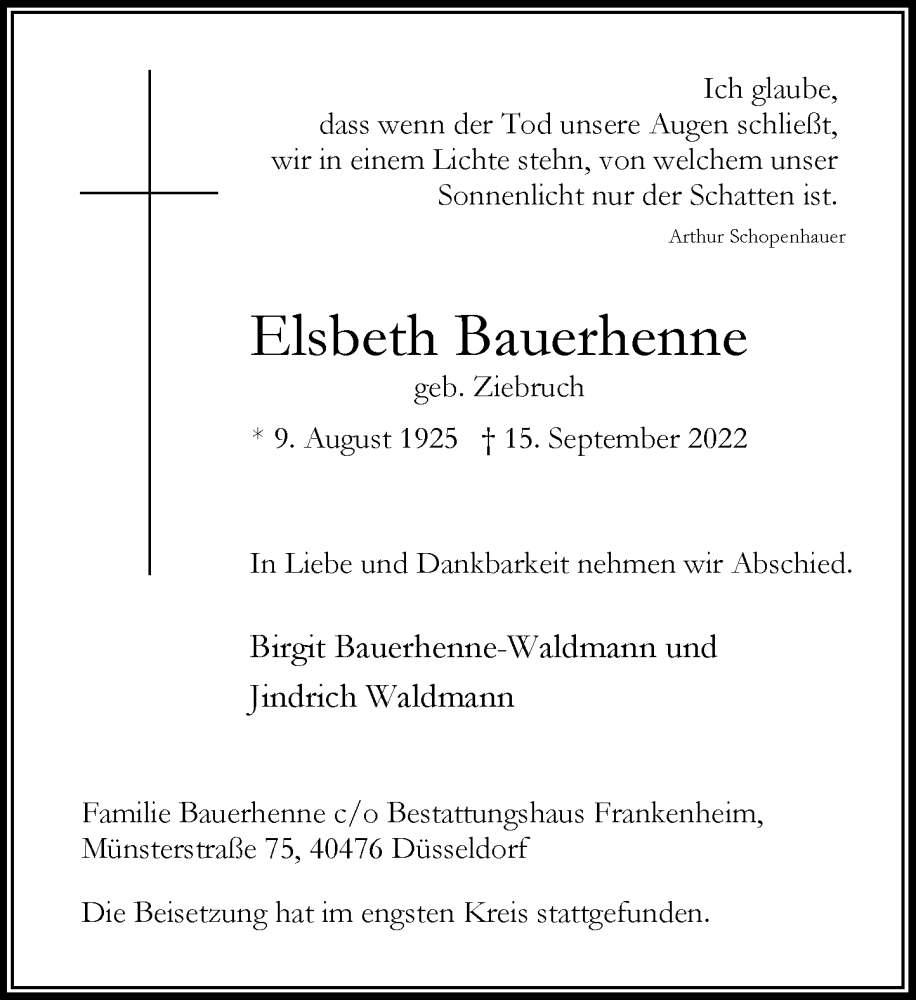  Traueranzeige für Elsbeth Bauerhenne vom 24.09.2022 aus Rheinische Post